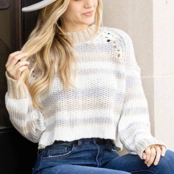 Free People Devon Cropped Mock Neck Sweater Cream Neutral Stripe Medium Cotton - Picture 1 of 16